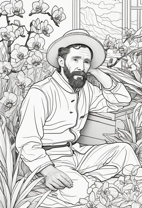 Line drawing, Pixar style, coloring page,Vicent van gogh resting among vibrant orchids in an Asian-inspired  ColoringBookAF,blank white background,ColoringBookRedmond-ColoringBook