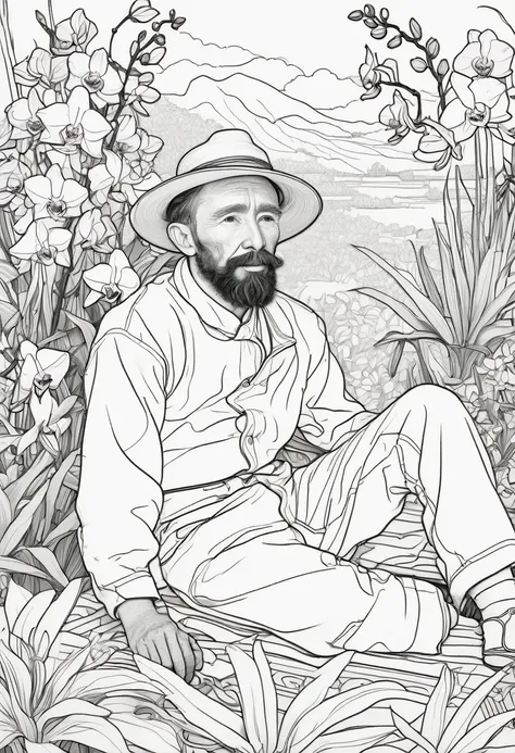 Line drawing, Pixar style, coloring page,Vicent van gogh resting among vibrant orchids in an Asian-inspired  ColoringBookAF,blank white background,ColoringBookRedmond-ColoringBook