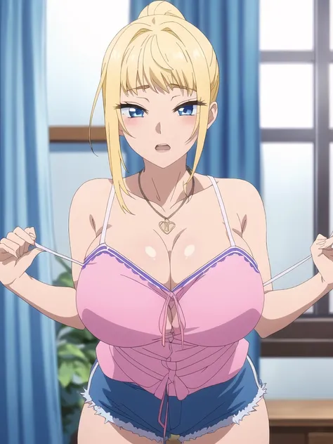 nsfw,show off nipples,topless,((best quality)),((highly detailed)),masterpiece,absurdres,detailed face,beautiful face,(detailed eyes, deep eyes),(1girl),((dynamic pose)),  1girl, minami, blue eyes, blonde hair, solo, long hair, curtains, jewelry, necklace,...