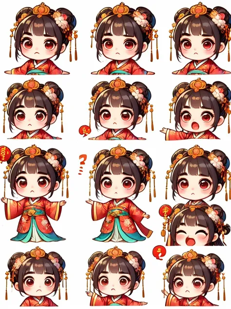 cute and humorous q version chinese girl，big eyes，bust，sticker，6 different facial expressions，expression board，various poses and...