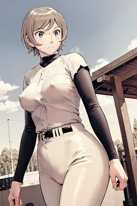 (野球uniform:1.2),
blonde, (short hair:1.2),Long sleeve, Black Shirt, turtleneck,White trousers、uniform、Black belt、((Illustration of people))、big 、
View your viewers,, (Highest quality:1.3),One Girl, White pants、uniform、Outdoor、baseball ground、ground、soil、bl...