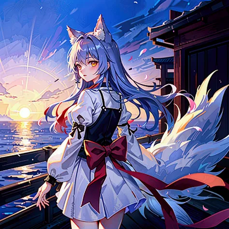 fox Light blue hair 　beast girl　indigo fur　fox beast girl　Sesshomaru, Yellow eyes, Anime, Perfect face, Perfect Lighting, Outdoors, Warm colors, Dark purple sky, Autumn sunset,  (inuyasha), Bearing Claw, Ready to fight　wave, koi fish, anime artstyle, wide ...