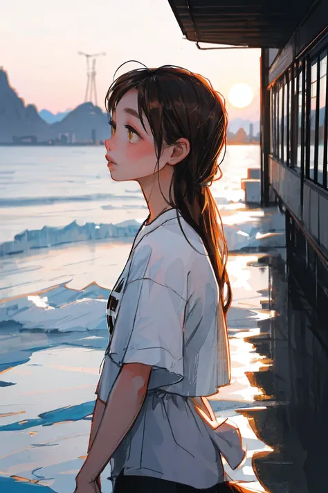 One girl, summer, Brown Eyes, Brown Hair, Blurred, Blurred background, 真summer,iceクリーム， long-tailed , look up, Long Hair, profile, ice, Short sleeve，alone, setting sun ((masterpiece