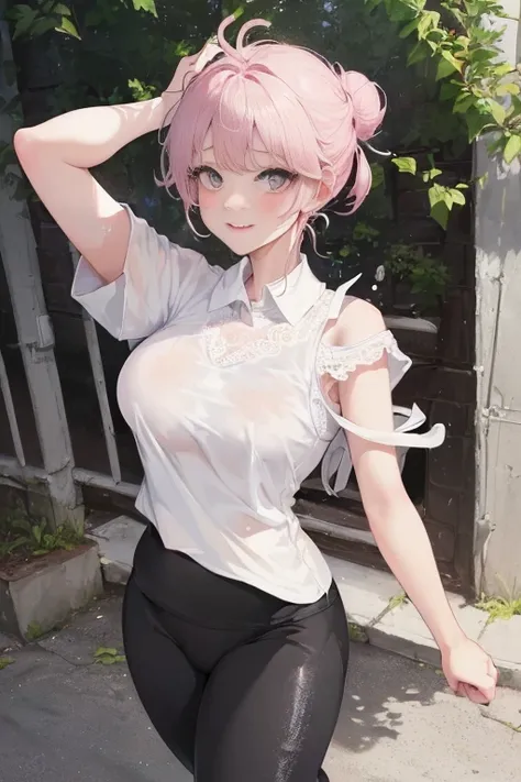 masterpiece、、1 female student、(((Missing arm，bare arms，White short sleeves)))white cloth bun、Shoulder leakage、chubby、Smile、(((、lace slap、black yoga pants)))pale pink lips、posing at school，（Soaked all over），legs are open， solo, White Polo Shirt, looking at ...