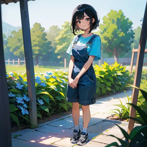 (high quality, High resolution, Very detailed, reality:1.37), Peaceful atmosphere, (Outdoor, garden), Teenage girl standing alone, (my breasts are big.), Beautiful details, Cute Smile, (Black bob hair), Short sleeve shirt, Overalls, Blue socks, sneakers.