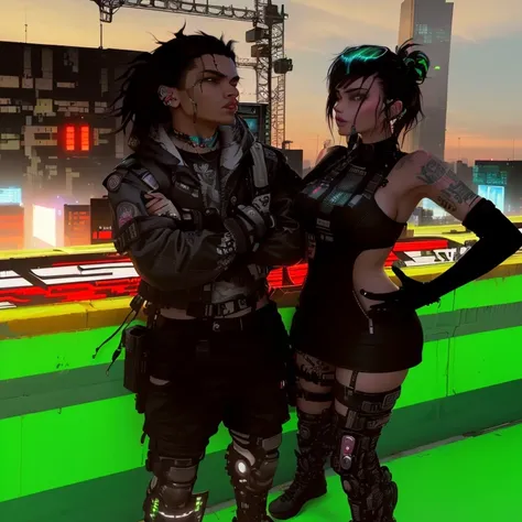 there are two people next to each other in a city, dressed in crustpunk clothing, avatar da secondlife, secondlife, in the cyberpunk city, in a cybercity, medium shot of two characters, man on fire style mix, no futuro telhado de luz neon, no cyberpunk 207...