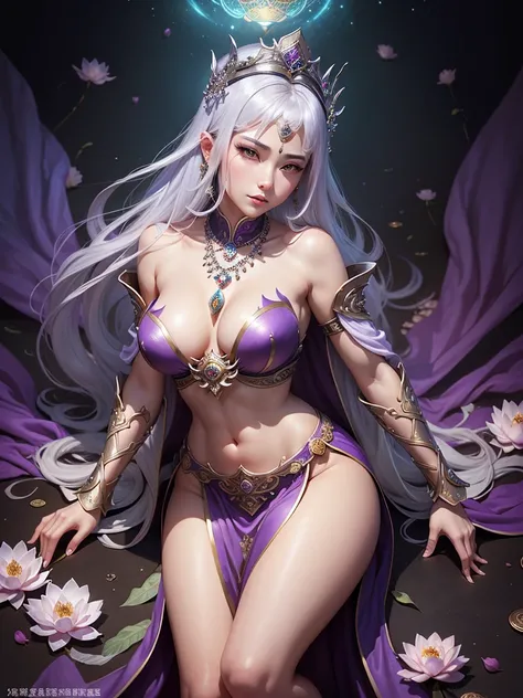 a close up of a woman in a sexy low-cut lace armor in transparent white gold and cleavage big breasts with a lotus flower in her hand, head jewelry, violet necklace, jade belt , toned abdomen, a beautiful fantasy empress, ((a beautiful fantasy empress)), c...