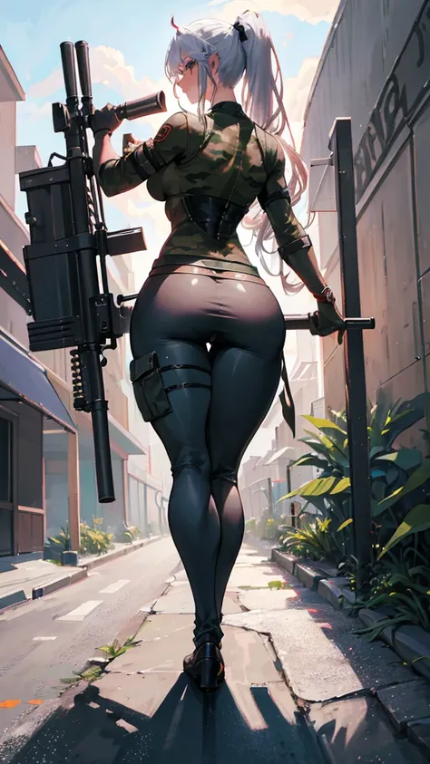 woman, mercenary expression, carrying huge sniper rifle, western guns, camouflage pants, silver hair, long ponytail, broken muscles, dark skin, curly hair, pronounced waist, thick thighs, tight butt, background of the Amazon jungle, high definition, rtx li...