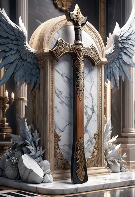 masterpiece, 8k, best quality, highly detailed, a pair of stone wings and an axe made of marble