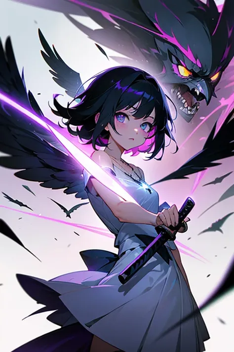 shadow covered girl, covered in shadows,Anime girl holding sword katana, anime, short black hair with neon purple highlights, hair is above shoulder height, smooth beautiful, 4k, anime art, pendant on hair, cross t necklace, vivid white dress, crows in sce...