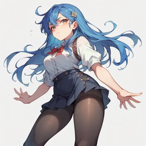 anime style,girl,blue hair,straight face,black tights,thighs,front,mini skirt,black and white background