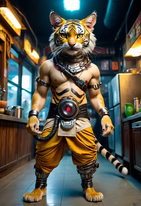 photo, The cutest click bait monster on earth, cat, cyberpunk、Krishna, the female tiger, walking on two legs, with wide, kind eyes, wearing a loincloth, like Puss in Boots,Behind the restaurant kitchen