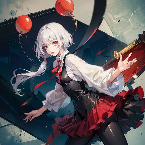 girl with clown makeup, clown suit, covered in blood, white hair, red eyes, horsetails, holding machete, circus on background