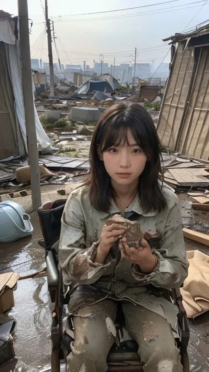 18-year-old,Homeless,Korean women,Pitch blachair,Tattered clothes,(((Folded Room))),(((Slums))),Squat,((( In a destroyed city,Oil,Mud stains))),(((Frowning,カメラを睨みつhairる))),((((Rubble pile))),after disaster,Very beautiful eyes, junhair,((Inside the barracha...