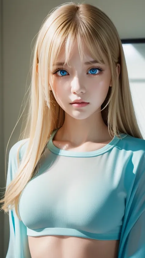 Nature photograph of a beautiful girl, wear a loose-fitting crop top, To defend herself, Super long,puffy blonde hair, Large bust, messy bangs between the eyes、Fix your gaze on the camera, eye shadow, Symmetrical eyes, Symmetry plane, Photorealism, photogr...