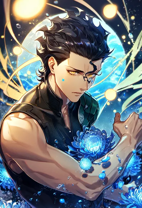 Ultra detailed, HDR, Highres, absurdres, master piece, Diarmuid Ua Duibhne, black hair, expressive yellow eyes, beauty mark under his right eye, Fate Grand Order, handsome, sexy man, solo, black tight shirt, water, fantasy, magical, blue Chrysanthemum flow...