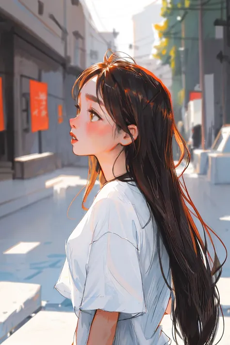 One girl, iceクリーム, Brown Eyes, Brown Hair, Blurred, Blurred background, Midsummer,Light of the sun，iceクリーム， long-tailed , look up, Long Hair, profile, ice, Short sleeve，alone,  ((masterpiece