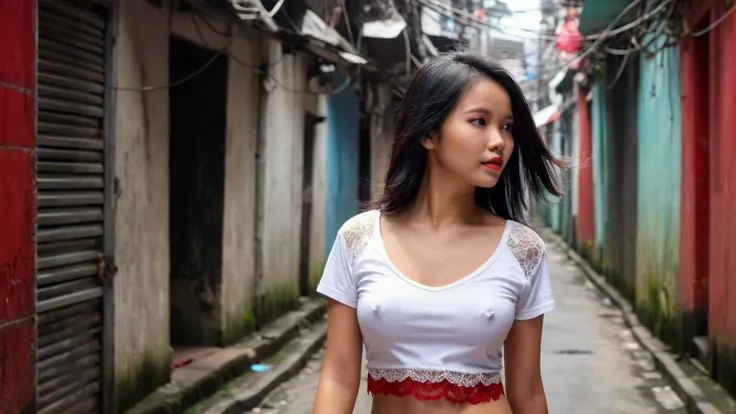 sweet woman, Indonesian, young, beautiful, loose white t-shirt, neat hair, perfect breasts, red lace bra visible transparent, black hair, walking in Narrow alley Jakarta, looking far away