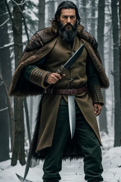 A man with a long black beard and green eyes, wearing a coat made of wolf skin, with wound marks on his chest, and a knife made of dragon fang. 