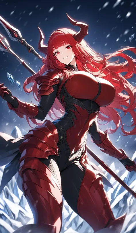 Masterpiece, very detailed, ultra detailed, one, (1 woman), athletic body, six press packages, she is in futuristic red armour with bright black details, with a large and detailed spear, in a stable and fighting position, super mature, tall, milf, mature m...