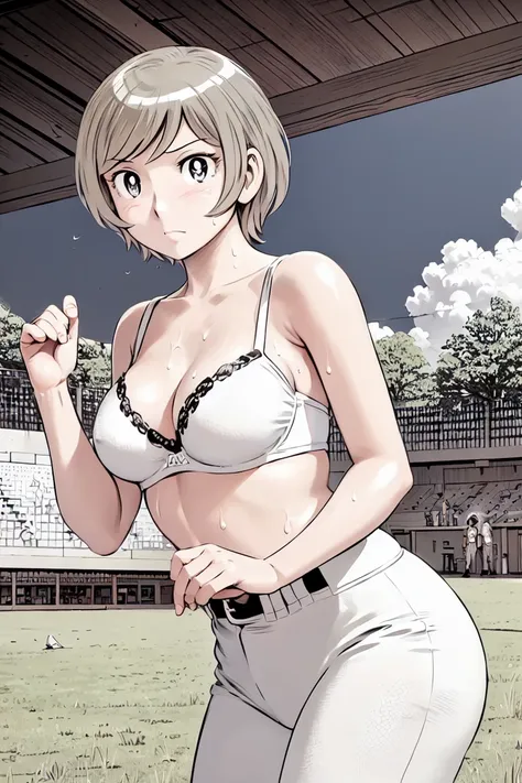 (Baseball uniforms:1.2),
blonde, (short hair:1.2),White trousers、Black belt、((Illustration of people))、Tube top bra、
View your viewers,, (Highest quality:1.3), White pants、Outdoor、baseball ground、ground、soil、blue eyeasterpiece、Highest quality)、Highest qual...