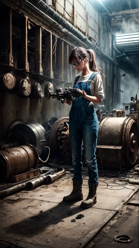 (best qualityer, 4K, work of art :1.3), 1 girl, (vapourpunk), scenario, vapourpunk room engine, repairing engine, gears, gears, vapour, booties, overalls, glasses, dirty faced, standing, machinery, oil on the floor, dirty floor