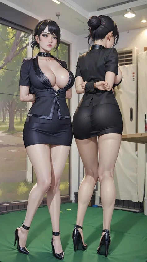 Office, desk, computer screen,( large window), city view, full body,((2 girls)),(walking ),((side by side)),((1 girl Body facing forward)),((other girl Body back facing forward)), bun,Shy smile,((white business suit with wide open collar)), black collar, (...