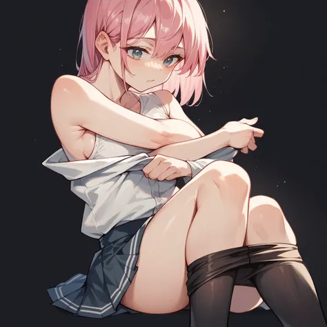 anime style,girl,pink hair,straight face,black tights,thighs,front,mini skirt,black background,undressing