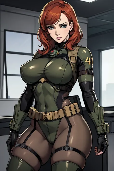 Imagine Christina Hendricks as an Metal Gear Solid character, Christina Hendricks in a stealth video game, Metal Gear Solid, Metal Gear Solid universe, designed by Yoji Shinkawa. High-quality facial research of Christina Hendricks, (Christinas sculpted che...