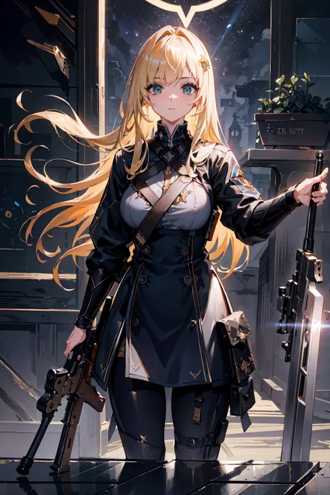 {{masterpiece, Highest quality, Very detailed CG, unity 8k wallpaper, cinematic ligHting, Lens flare}}, (a girl sHooting a rifle), A broad perspective, whole body, tHick body, long blond Hair, Green Eyes, (Holding weapon, Holding rifle,Targeting,Target:1.4...