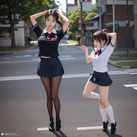 (((young japanese girls jumping  wearing short sleeve mini skirt high school uniform))),(full body shot:2),  natural lighting, u...