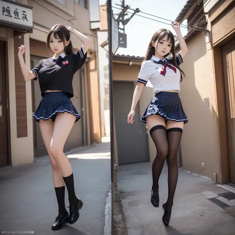 (((young Japanese girls jumping  wearing short sleeve mini skirt high school uniform))),(full body shot:2),  natural lighting, ultra sharp focus,huge breasts, ((beautiful face)), wearing pantyhose