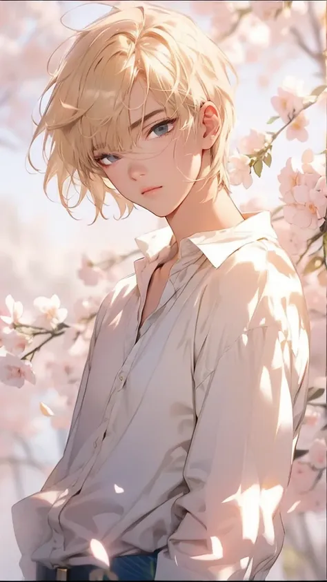 man like kurapika kuruta, blonde with blue eyes, pose 1/2 shirt with open neckline showing skin, best quality work, perfect deta...