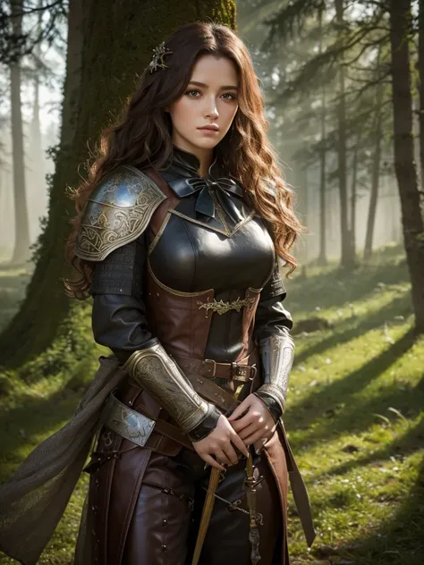 Highest quality, masterpiece, Ultra-high resolution, Strong Woman, Long Curly Hair, Leather Armor, Medieval costume, Shooter, Exquisite Bow, Mystical Runes, Magic, Detailed background, forest, extreme detailed, 4K,  