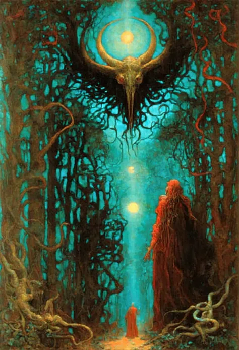 Mythical creatures, author：Zdzislaw Beksiński and Alphonse Mucha, Surrealism,Satan, Azathoth, Dark Forest、nightmare