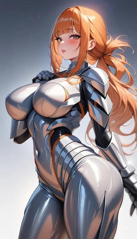 1girl,solo,super detailed skin,shiny skin,oily skin,natural face,eyelashes,gleaming lips,orange hair,blunt bangs,low-tied hair ,large breasts,knight armor ,asymmetry armor ,vinyl suit,standing upright ,simple background,masterpiece,best quality,ultra detai...