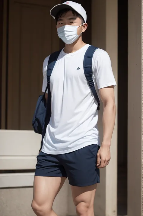 Man in shorts wearing sample mask