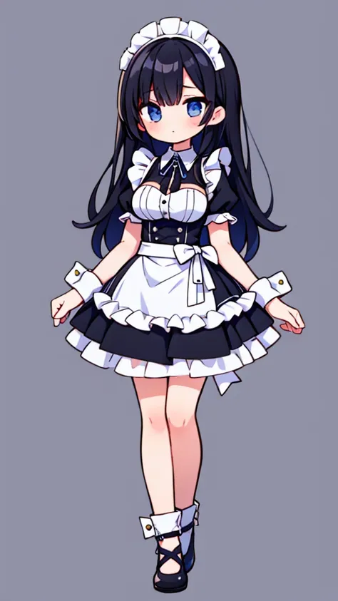 1 girl,maid clothes long straight black hair eyes light blue big breasts,full body,front facing,background simple