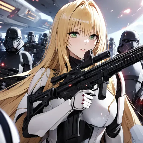 ((Highest quality)), ((masterpiece)), (detailed), （Perfect Face）、The woman is Tiare, a beautiful Stormtrooper with green eyes and medium-long blonde hair, carrying an assault rifle-type blaster.、They serve alongside Emperor Palpatine in orderly formations ...