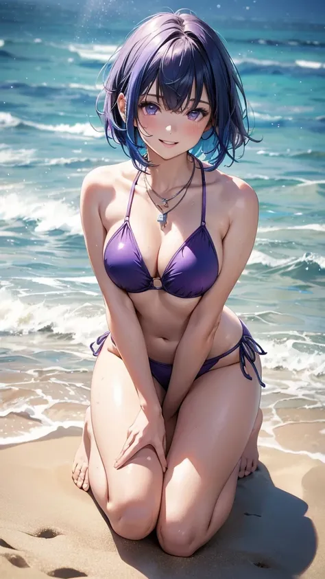 1girl, solo, bangs, blue hair, necklace, parted lips, purple eyes, short hair, smile, solo, two piece purple swimsuit, sandy pier background, kneeling in the water