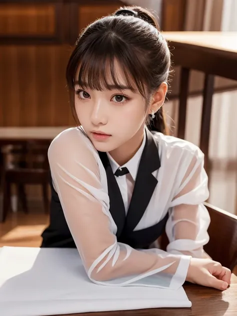 Girl with short ponytail wearing formal suit lying on restaurant table,  Clear Eyes, Perfect body,  (Looking down at the viewer:0.8), (Purelos Face_v1:0.2), Removable sleeves, Open your mouth, bangs, One girl, Shiny skin, (masterpiece;1.0), (Realistic:1.4)...