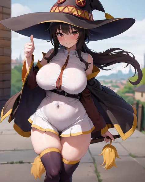 1girl, solo, megumin, witch hat, mismatched legwear, thumbs up, smile, medieval city, [cowboy] shot, masterpiece, best quality, highly detailed, very wide hips, large thighs, very thick round thighs, big butt, huge round breasts, milf, tight shirt, tight c...