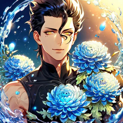 Ultra detailed, HDR, Highres, absurdres, master piece, Diarmuid Ua Duibhne, black hair, expressive yellow eyes, mole under his eye, Fate Grand Order, handsome, sexy man, solo, black tight shirt, water, fantasy, magical, blue Chrysanthemum flowers, blue pet...