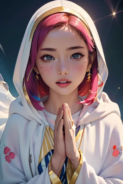 (masterpiece、Highest quality、Highest quality、Official Art、Beautiful and aesthetic:1.2)、(One Girl)、Very detailed、(Fractal Art:1.3)、colorful、Highest detail、Perfect Face、Upper body、High resolution、(prayer:1.3)、(White cloak Golden Line:1.2)、Intergalactic、(Stre...