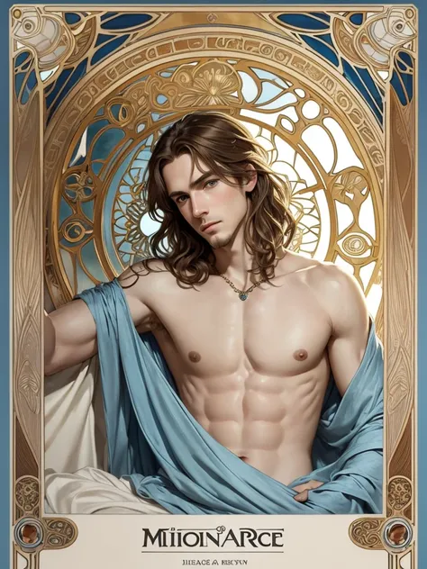 Portrait of naked Christopher Marlowe, extremely detailed face, white skin, piercing icy blue eyes, silky shoulder-length golden-brown hair, refined features, charp jawline, clean shaved, Art Nouveau style, Mucha style, Mucha background, realism, high qual...