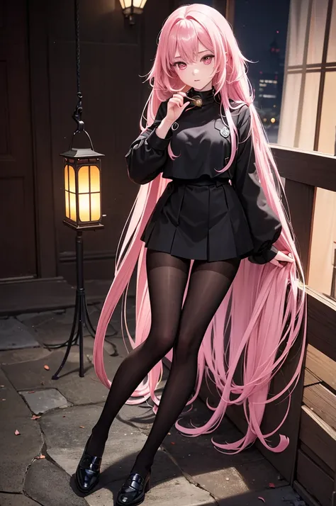 masterpiece, best, dreamy, A beautiful girl, anime style girl, pink eyes, long pink hair, wearing black sailor suit, long sleeves, black skirt, black pantyhose, pink, and black, holding lantern, in the old house, scary, dark, in night, whole body, show the...