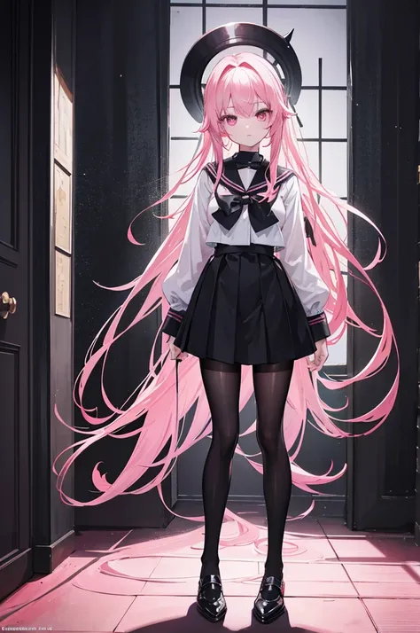 masterpiece, best, dreamy, A beautiful girl, anime style girl, pink eyes, long pink hair, wearing black sailor suit, long sleeves, black skirt, black pantyhose, pink, and black, holding lantern, in the old house, scary, dark, in night, whole body, show the...