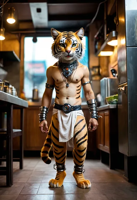 photo, The cutest click bait monster on earth, cat, cyberpunk、Krishna, the female tiger, walking on two legs, with wide, kind eyes, wearing a loincloth, like Puss in Boots,Behind the restaurant kitchen、