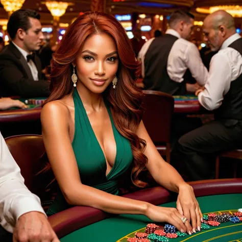 A photo of Jasmine at a casino table, surrounded by high-stakes poker players, skillfully playing her hand with a sly smile.,original,Jasmine, with her flowing auburn hair and captivating emerald eyes, radiates a magnetic allure, her appearance striking a ...