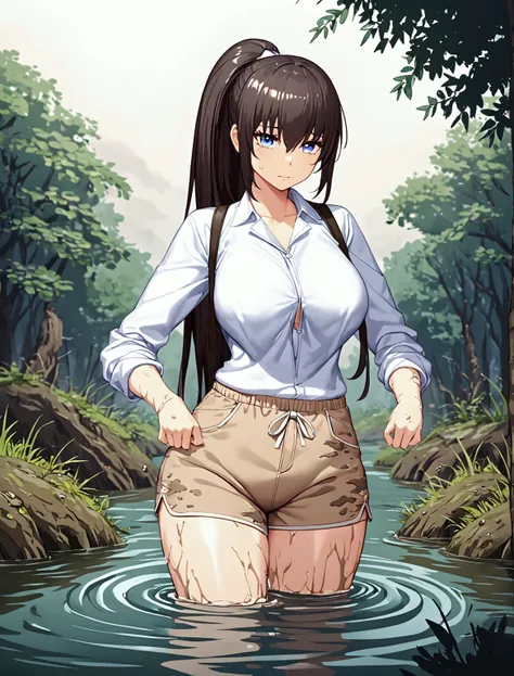 Woman drowning in a swamp,Muddy River, riverbed, cloudy, Uneasy atmosphere,Painful face,Beige shorts,ponytail,